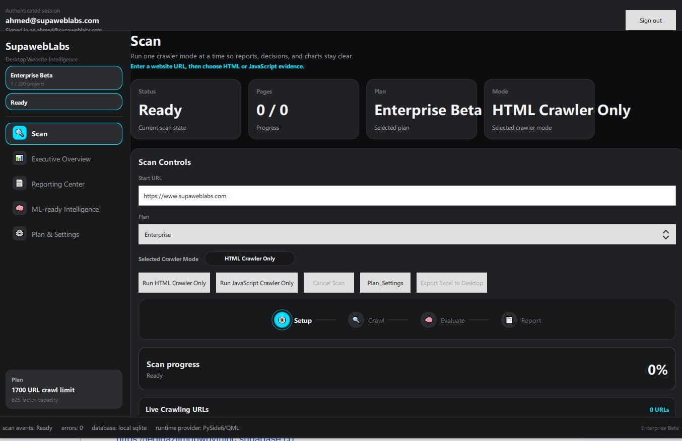 Actual SupaWeb Scan workspace with URL input, crawler selection, and scan progress