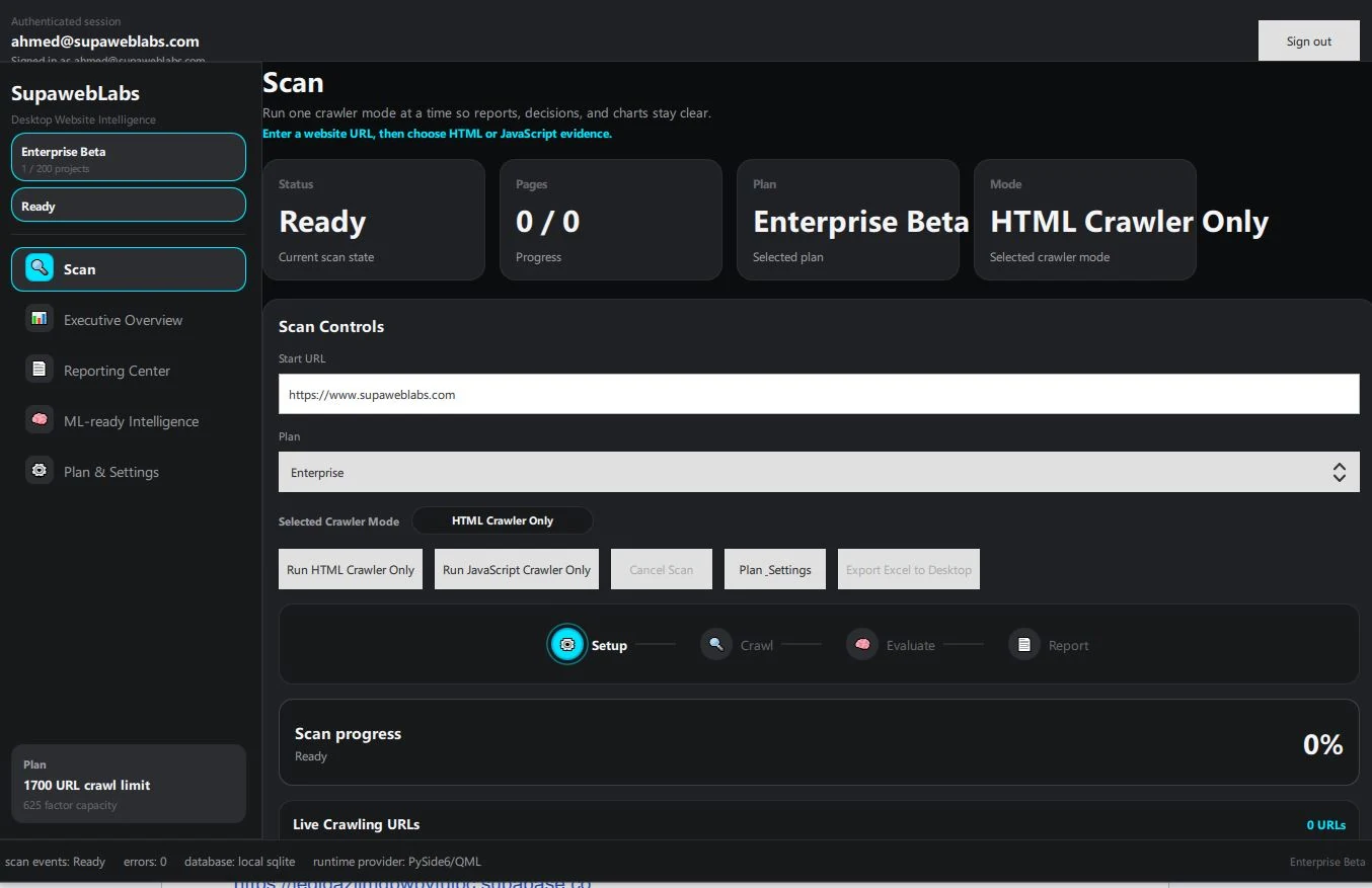 Actual SupaWeb Desktop scan setup screen with URL, plan, crawler mode, and progress controls
